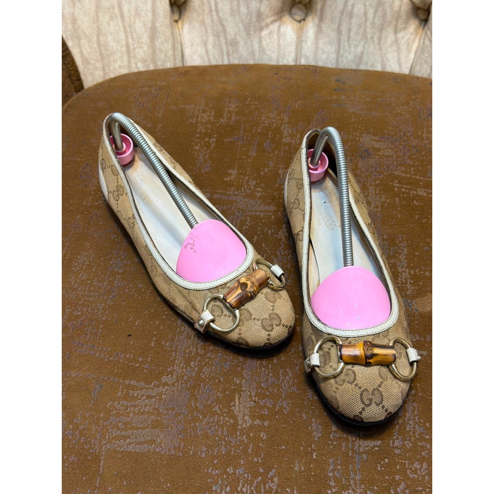 Gucci GG Monogram Canvas Bamboo Horsebit Ballet Flats White Trim 138714 37C